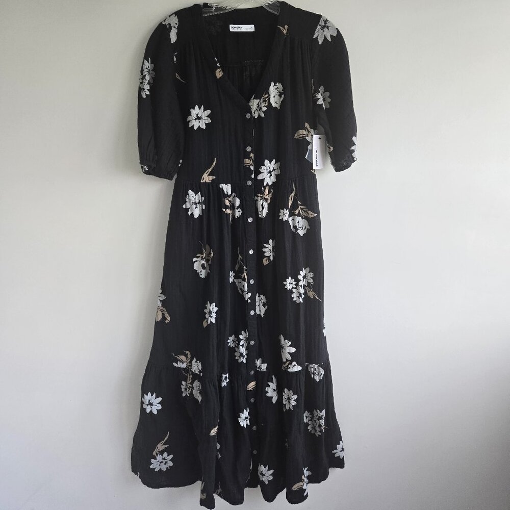 NEW Sonoma Cotton Black Floral Puff Sleeve Cottagecore Midi Dress Size XS